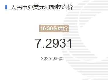 3月3日人民币兑美元即期收盘价报7.2931 较上一交易日下调93个基点